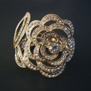 Vintage Gold Tone Clear Crystal Gemstone Hinged Cuff Bracelet